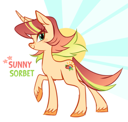 Size: 849x807 | Tagged: safe, artist:glacierclear, imported from derpibooru, oc, oc only, oc:sunny sorbet, pony, unicorn, abstract background, colored hooves, female, freckles, horn, mare, raised hoof, side view, solo, sun, unicorn oc, unshorn fetlocks