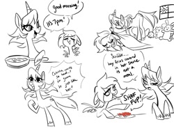 Size: 1232x927 | Tagged: safe, artist:glacierclear, imported from derpibooru, oc, oc:sleepy scribble, oc:sunny sorbet, pegasus, pony, unicorn, blanket, cooking, dialogue, duo, eyes closed, female, food, freckles, french fries, hay fries, horn, hot sauce, lidded eyes, mare, monochrome, neo noir, partial color, pegasus oc, plushie, raised hoof, roommates, simple background, sketch, sleeping, speech bubble, spread wings, sun, talking with your mouth full, tucking in, unicorn oc, white background, wings