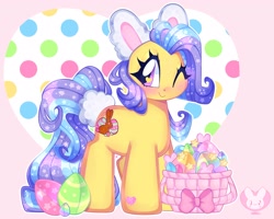 Size: 4000x3200 | Tagged: safe, artist:bunxl, imported from derpibooru, gigglebean, earth pony, pony, basket, blushing, bunny ears, easter, easter egg, g3, holiday, looking at you, one eye closed, smiling, solo, wink