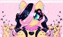 Size: 4096x2403 | Tagged: safe, artist:bunxl, imported from derpibooru, fluttershy, butterfly, pegasus, pony, collar, ear piercing, earring, emoshy, glitter, heart, jewelry, nose piercing, nose ring, piercing, ponymania, solo, spiked collar, spread wings, toy interpretation, wings