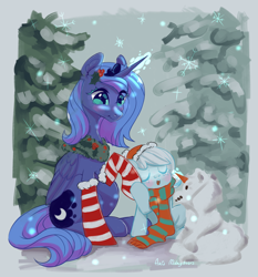 Size: 3000x3220 | Tagged: safe, artist:ariamidnighters, imported from derpibooru, princess luna, oc, oc:snowdrop, alicorn, pegasus, pony, christmas, christmas stocking, clothes, cute, duo, eyes closed, female, filly, hat, high res, holiday, holly, mare, open mouth, s1 luna, scarf, snow, snowfall, snowflake, snowmare, snowpony, socks, striped socks, winter, wreath