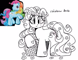 Size: 2048x1600 | Tagged: safe, artist:bunxl, imported from derpibooru, rainbow dash (g3), earth pony, pony, basket, floral head wreath, flower, flower in hair, flower in tail, g3, looking at you, smiling, solo