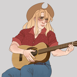 Size: 3000x3000 | Tagged: safe, artist:rdstartie, imported from derpibooru, applejack, human, acoustic guitar, alternate hairstyle, applejack's hat, blushing, clothes, cowboy hat, female, freckles, gray background, guitar, hat, humanized, jeans, musical instrument, pants, shirt, simple background, solo