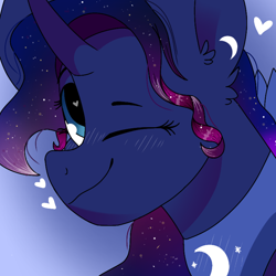 Size: 768x768 | Tagged: safe, artist:valkiria, imported from derpibooru, princess luna, alicorn, pony, alternate hairstyle, blue background, clothes, cute, daaaaaaaaaaaw, ethereal mane, female, galaxy, galaxy mane, heart, heart eyes, horn, looking at you, lunabetes, mare, moon, simple background, smiling, smiling at you, solo, solo female, wingding eyes