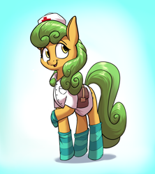 Size: 3200x3600 | Tagged: safe, artist:rocket-lawnchair, imported from derpibooru, oc, oc only, oc:millie, earth pony, pony, clothes, nurse outfit, socks, solo, striped socks