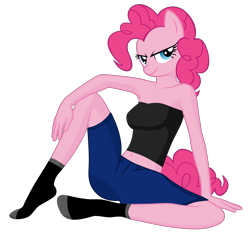 Size: 4840x4518 | Tagged: safe, anonymous editor, artist:lexx disaster, edit, imported from derpibooru, pinkie pie, anthro, earth pony, plantigrade anthro, bare shoulders, blue eyes, clothes, confident, denim shorts, female, looking at you, pink fur, pink mane, pink tail, shorts, simple background, sitting, smiling, socks, solo, stocking feet, tomboy, transparent background, tube top