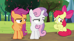 Size: 1280x720 | Tagged: safe, imported from ponybooru, screencap, apple bloom, scootaloo, sweetie belle, earth pony, pegasus, pony, unicorn, brotherhooves social, apple, apple tree, bow, cutie mark crusaders, nervous, raised eyebrow, tree