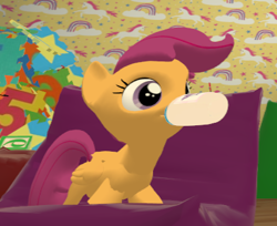 Size: 425x346 | Tagged: safe, imported from derpibooru, scootaloo, pegasus, pony, unicorn, baby bottle, beanbag, beanbag chair, blank flank, chair, female, filly, rainbow, solo, vrchat