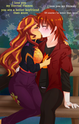 Size: 3600x5600 | Tagged: artist needed, safe, edit, imported from ponybooru, sunset shimmer, oc, oc:eternal flames, equestria girls, equestria girls series, blushing, canon x oc, clothes, commission, commissioner:israelyabuki, dialogue, female, implied anon, jacket, kissing, love, male, op isn't even trying anymore, romantic, shipping, sunseternal