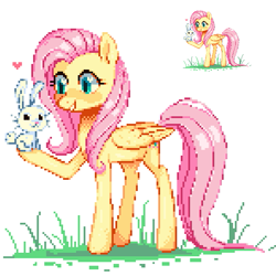 Size: 591x591 | Tagged: safe, artist:kotkkira, imported from derpibooru, angel bunny, fluttershy, pegasus, pony, duo, female, holding, mare, pixel art, simple background, white background