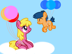 Size: 2048x1536 | Tagged: safe, artist:apronspawn, imported from derpibooru, cherry berry, first base, earth pony, pony, balloon, cherrybase, cloud, colt, crush, eyes closed, female, male, mare, on a cloud, shipping, simple background, sitting, sitting on cloud, sky, sky background, smiling, straight