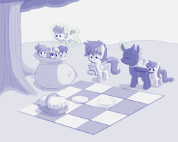 Size: 3005x2400 | Tagged: safe, artist:heretichesh, imported from derpibooru, oc, oc:amber, oc:eartz, oc:lil blue, oc:maple, pony, basket, biting, checkered, colt, cute, female, filfil, filly, kidnapped, magic, magic aura, male, park, picnic, picnic basket, plate, smol, tablecloth, tail bite, tree