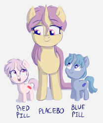 Size: 2188x2616 | Tagged: safe, artist:heretichesh, imported from derpibooru, oc, oc:blue pill, oc:placebo, oc:red pill, pony, unicorn, colt, family, female, filly, happy, male, mare, mother and child, mother and daughter, mother and son, siblings, text