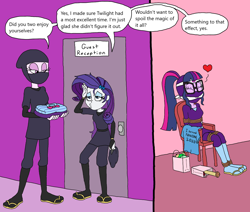 Size: 2032x1720 | Tagged: safe, artist:bugssonicx, imported from derpibooru, rarity, sci-twi, twilight sparkle, oc, oc:twisted straight, equestria girls, alternate clothes, alternate costumes, bondage, bound and gagged, brightly colored ninjas, cleave gag, cloth gag, clothes, eyes closed, female, femsub, floating heart, gag, heart, kunoichi, mask, ninja, rope, rope bondage, sandals, secret identity, sitting, socks, submissive, tied up, tired, twisub