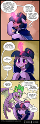 Size: 900x2743 | Tagged: safe, artist:cosmalumi, artist:its-gloomy, imported from derpibooru, spike, twilight sparkle, tumblr:ask queen moon, alternate hairstyle, alternate universe, cape, clothes