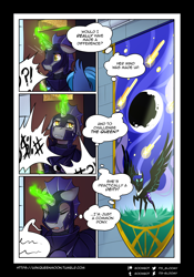 Size: 1490x2130 | Tagged: safe, artist:cosmalumi, artist:its-gloomy, imported from derpibooru, nightmare moon, oc, oc:fenix, tumblr:ask queen moon, alternate universe, glowing horn, horn, night guard