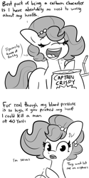 Size: 3000x6000 | Tagged: safe, artist:tjpones, imported from derpibooru, oc, oc only, oc:brownie bun, earth pony, pony, 2 panel comic, black and white, breaking the fourth wall, comic, drink, eating, female, food, grayscale, high blood pressure, impossibly high blood pressure, mare, monochrome, needle, open mouth, simple background, solo, white background