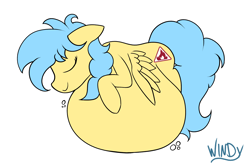 Size: 2328x1566 | Tagged: safe, artist:thewindrunner, imported from derpibooru, oc, oc only, oc:mercury drop, pegasus, pony, belly, belly bed, big belly, eyes closed, female, huge belly, impossibly large belly, mare, simple background, sleeping, solo, stuffed, transparent background