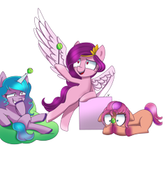 Size: 5800x6100 | Tagged: safe, artist:melancholy, artist:melanyoprisdraws, artist:opal_radiance, imported from derpibooru, izzy moonbow, pipp petals, sunny starscout, earth pony, pegasus, pony, unicorn, absurd resolution, ball, beanbag chair, bipedal, bipedal leaning, colored wings, crown, female, floppy ears, g5, grin, hoof over mouth, horn, horn guard, horn impalement, hornball, izzy's tennis ball, jewelry, leaning, lying down, mare, open mouth, open smile, pipp, prone, red eyes, red-eyed pipp, regalia, signature, simple background, sitting, smiling, spread wings, teeth, tennis ball, transparent background, trio, trio female, wings