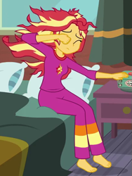 Size: 433x577 | Tagged: safe, imported from derpibooru, screencap, sunset shimmer, eqg summertime shorts, equestria girls, monday blues, barefoot, bed hair, clothes, cropped, feet, pajamas, solo