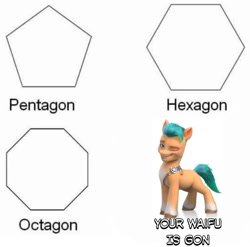 Size: 720x710 | Tagged: safe, imported from derpibooru, hitch trailblazer, earth pony, pony, g5, hexagon, hitch trailblazer gets all the mares, male, meme, octagon, one eye closed, pentagon, stallion, waifu thief, wink