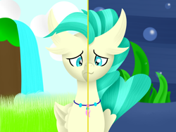 Size: 1600x1200 | Tagged: safe, artist:joechillers, imported from derpibooru, terramar, hippogriff, seapony (g4), surf and/or turf, beak, blue eyes, bubble, cloud, fish tail, flowing tail, grass, hill, jewelry, male, necklace, ocean, sad, seaweed, sky, smiling, solo, tail, two sides, underwater, water, wings