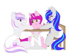 Size: 2824x2108 | Tagged: safe, artist:xcinnamon-twistx, imported from derpibooru, oc, oc:glam rock, oc:hooklined, oc:mantra, earth pony, unicorn, chair, commission, diaper, diaper fetish, fetish, flat colors, flatcolor, non-baby in diaper, table, ych result