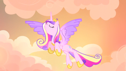 Size: 1920x1080 | Tagged: safe, imported from derpibooru, screencap, princess cadance, alicorn, pony, season 4, three's a crowd, colored wings, eyes closed, female, flying, frown, gradient wings, hoof shoes, jewelry, majestic, mare, multicolored mane, multicolored wings, solo, spread wings, tiara, wings