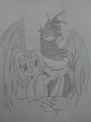 Size: 1944x2592 | Tagged: safe, artist:princebluemoon3, imported from derpibooru, georgia (character), luster dawn, griffon, pony, unicorn, duo, duo female, female, georgia, grayscale, holding a pony, hug, large wings, looking at each other, monochrome, one eye closed, sketch, smiling, traditional art, wings, wink
