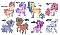 Size: 4062x2400 | Tagged: safe, artist:dreamscapevalley, imported from derpibooru, oc, oc only, oc:beautiful soul, oc:buttermilk, oc:moon cheese, oc:sandy stone, oc:star bright, oc:star finder, oc:sugar cookie, oc:winter breeze, alicorn, classical unicorn, earth pony, pegasus, pony, unicorn, alicorn oc, blank flank, blaze (coat marking), body freckles, cloven hooves, coat markings, curved horn, ear piercing, earring, earth pony oc, facial markings, female, freckles, hair tie, horn, jewelry, leonine tail, magical gay spawn, magical lesbian spawn, male, mare, offspring, parent:big macintosh, parent:cheese sandwich, parent:double diamond, parent:fleur-de-lis, parent:fluttershy, parent:marble pie, parent:party favor, parent:princess celestia, parent:princess luna, parent:shining armor, parent:sunburst, parent:sunset shimmer, parent:tree hugger, parent:twilight sparkle, parents:cheeseluna, parents:doublestia, parents:fleurhugger, parents:fluttermac, parents:marblemac, parents:shiningburst, parents:sunsetsparkle, parents:twifavor, pegasus oc, piercing, simple background, socks (coat marking), socks (coat markings), stallion, tongue out, unicorn oc, unshorn fetlocks, white background, wings