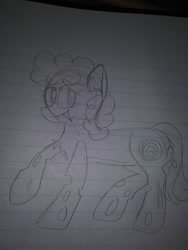 Size: 780x1040 | Tagged: safe, artist:cocolove2176, imported from derpibooru, oc, oc only, changeling, changepony, hybrid, pony, changeling oc, gray background, interspecies offspring, lineart, lined paper, offspring, parent:oc, parent:oc:mothball, parent:screwball, parents:canon x oc, pencil drawing, raised hoof, simple background, solo, traditional art