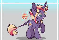 Size: 2388x1641 | Tagged: safe, artist:caramelbolt24, imported from derpibooru, oc, oc only, classical unicorn, pony, unicorn, abstract background, chest fluff, cloven hooves, curved horn, ear fluff, female, horn, leonine tail, magical lesbian spawn, mare, offspring, open mouth, parent:rainbow dash, parent:twilight sparkle, parents:twidash, raised hoof, reference sheet, signature, solo, unicorn oc, unshorn fetlocks