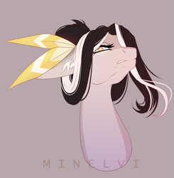 Size: 1407x1434 | Tagged: safe, artist:minelvi, imported from derpibooru, oc, oc only, earth pony, pony, bust, earth pony oc, eyelashes, feather, floppy ears, signature, simple background, solo