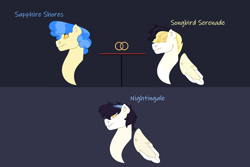 Size: 1280x854 | Tagged: safe, artist:itstechtock, imported from derpibooru, sapphire shores, songbird serenade, oc, oc:nightingale, pegasus, pony, my little pony: the movie, female, lesbian, magical lesbian spawn, mare, offspring, parent:sapphire shores, parent:songbird serenade, parents:sapphire songbird, sapphire songbird, shipping
