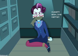 Size: 1058x756 | Tagged: safe, artist:robukun, imported from derpibooru, principal abacus cinch, equestria girls, bondage, bound and gagged, cloth gag, female, gag, muffled words, solo, tied hands, tied up, vertical file cabinet