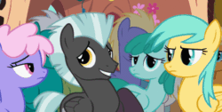 Size: 680x343 | Tagged: safe, imported from ponybooru, screencap, thunderlane, pegasus, pony, animated, female, gif, golden oaks library, library, looking to side, looking to the left, looking to the right, male, ponies, surrounded, unamused