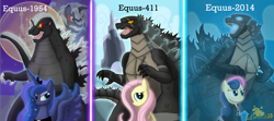 Size: 6135x2732 | Tagged: safe, artist:lordshrekzilla20, imported from derpibooru, bon bon, fluttershy, princess luna, sweetie drops, kaiju, pony, fanfic:godzilla, fanfic:the bridge, fanfic:the one true king, fanfic art, godzilla, godzilla (series), ponified