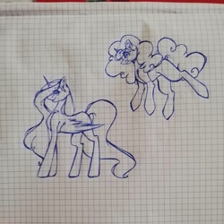 Size: 1080x1080 | Tagged: safe, artist:tessa_key_, imported from derpibooru, oc, oc only, alicorn, pony, unicorn, alicorn oc, duo, eyelashes, female, flying, graph paper, horn, lineart, mare, smiling, traditional art, unicorn oc, wings