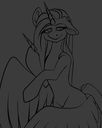 Size: 1080x1350 | Tagged: safe, artist:tessa_key_, imported from derpibooru, pinkie pie, earth pony, pony, bedroom eyes, broken horn, eyelashes, female, gray background, hoof hold, horn, lineart, mare, monochrome, needle, pinkamena diane pie, simple background, smiling, solo, wings