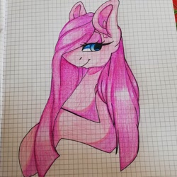 Size: 1080x1080 | Tagged: safe, artist:tessa_key_, imported from derpibooru, pinkie pie, earth pony, pony, bedroom eyes, bust, eyelashes, female, graph paper, mare, pinkamena diane pie, smiling, solo, traditional art