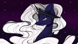 Size: 1080x608 | Tagged: safe, artist:tessa_key_, imported from derpibooru, princess luna, alicorn, pony, alternate design, bust, ethereal mane, eyelashes, female, horn, horn jewelry, jewelry, mare, night, redesign, smiling, solo, starry mane, stars