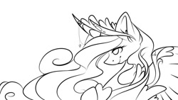 Size: 1080x608 | Tagged: safe, artist:tessa_key_, imported from derpibooru, princess cadance, alicorn, pony, alternate design, bust, curved horn, ear fluff, ethereal mane, eyelashes, female, horn, horn jewelry, jewelry, lineart, mare, monochrome, peytral, redesign, simple background, smiling, solo, starry mane, tiara, white background, wings