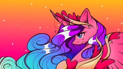 Size: 1080x608 | Tagged: safe, alternate version, artist:tessa_key_, imported from derpibooru, princess cadance, alicorn, pony, abstract background, alternate design, bust, colored, curved horn, ear fluff, ethereal mane, eyelashes, female, horn, horn jewelry, jewelry, mare, peytral, redesign, smiling, solo, starry mane, stars, tiara, wings