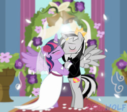 Size: 1280x1134 | Tagged: safe, artist:amgiwolf, imported from derpibooru, twilight sparkle, oc, alicorn, pony, alicorn oc, bipedal, blushing, bowtie, canon x oc, clothes, dress, female, horn, horn ring, indoors, jewelry, kissing, male, mare, marriage, ring, smiling, stallion, straight, twilight sparkle (alicorn), wedding, wedding dress, wedding ring, wedding veil, wings