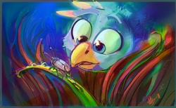 Size: 3482x2138 | Tagged: safe, artist:alumx, imported from derpibooru, gallus, beetle, griffon, insect, cheek fluff, close-up, cute, gallabetes, grass, head, looking at something, male, open mouth, smiling, solo