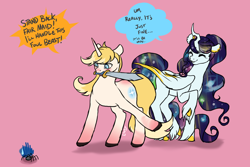 Size: 1500x1000 | Tagged: safe, artist:lavvythejackalope, imported from derpibooru, oc, oc only, oc:aurora, alicorn, pony, spider, unicorn, alicorn oc, blushing, colored hooves, dialogue, duo, ear fluff, ethereal mane, eyes closed, galaxy mane, hoof fluff, horn, pink background, protecting, raised hoof, simple background, sword, unicorn oc, weapon, wings