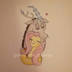 Size: 1071x1071 | Tagged: safe, artist:mmy_little_drawings, imported from derpibooru, discord, fluttershy, draconequus, pegasus, blushing, bust, discoshy, eyes closed, female, heart, hug, male, mare, obtrusive watermark, shipping, smiling, straight, traditional art, watermark