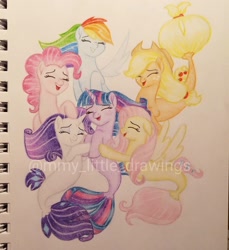 Size: 1078x1176 | Tagged: safe, artist:mmy_little_drawings, imported from derpibooru, applejack, fluttershy, pinkie pie, rainbow dash, rarity, twilight sparkle, seapony (g4), eyelashes, eyes closed, female, hat, horn, mane six, obtrusive watermark, open mouth, seaponified, seapony applejack, seapony fluttershy, seapony pinkie pie, seapony rainbow dash, seapony rarity, seapony twilight, smiling, species swap, traditional art, watermark
