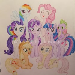 Size: 1024x1024 | Tagged: safe, artist:mmy_little_drawings, imported from derpibooru, applejack, fluttershy, pinkie pie, rainbow dash, rarity, spike, starlight glimmer, twilight sparkle, alicorn, earth pony, pegasus, pony, unicorn, eyelashes, female, hat, horn, lying down, mane seven, mane six, mane six opening poses, mare, obtrusive watermark, prone, raised hoof, smiling, traditional art, twilight sparkle (alicorn), watermark, wings