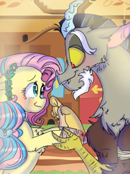 Size: 899x1200 | Tagged: safe, artist:cocolove2176, imported from derpibooru, discord, fluttershy, draconequus, pegasus, pony, blushing, bust, discoshy, eyelashes, female, holding hands, indoors, looking at each other, male, mare, shipping, smiling, straight